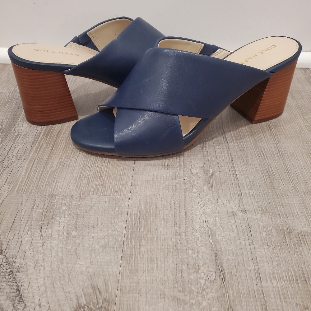 Cole Haan Navy Blue Leather Crossover Block Heel Sandals